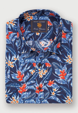 Regular Fit Navy Bird of Paradise Tropical Print Short Sleeve Shirt Folded