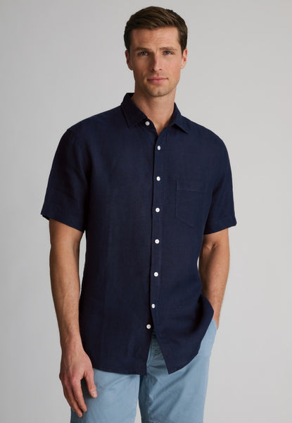 Pure Linen Short Sleeved Shirt on Male Model in Navy Colour