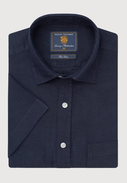 Pure Linen Short Sleeved Shirt on in Navy Colour shown folded where you can see the short sleeve cuff and neckline