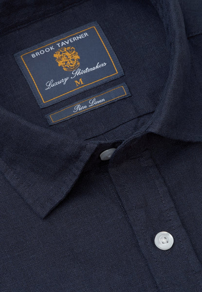 Up close view of neckline of Pure Linen Short Sleeved Shirt in Navy
