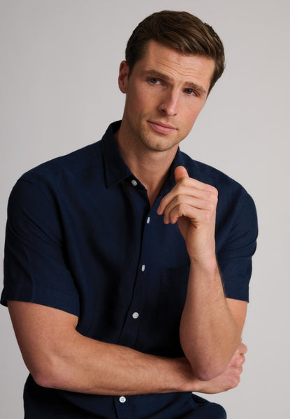 Pure Linen Short Sleeved Shirt on Male Model in Navy Colour