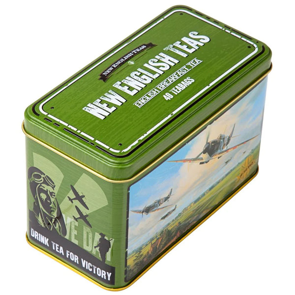 Tea tin with vintage spitfire airplane design and 'New English Tea' branding
