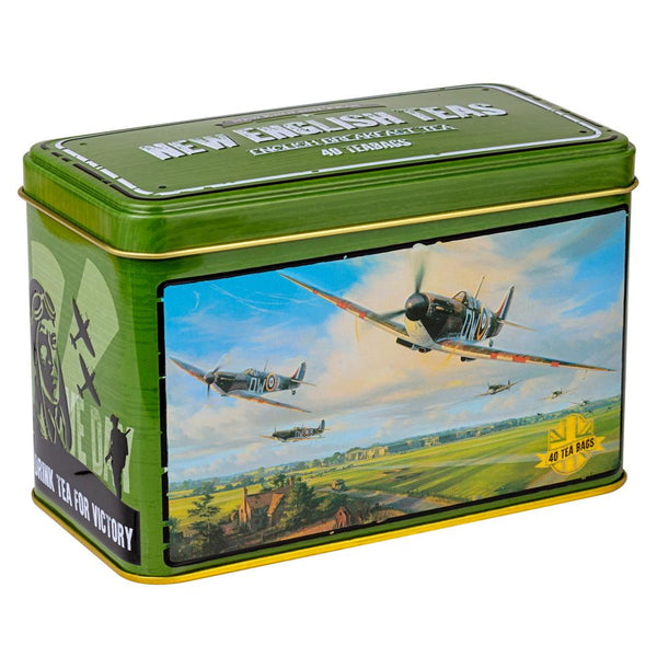 Tea tin with vintage spitfire airplane design and 'New English Tea' branding