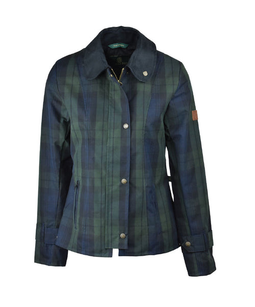 Ladies Oxford Blue washwax Ambre jacket in blackwatch, front view.