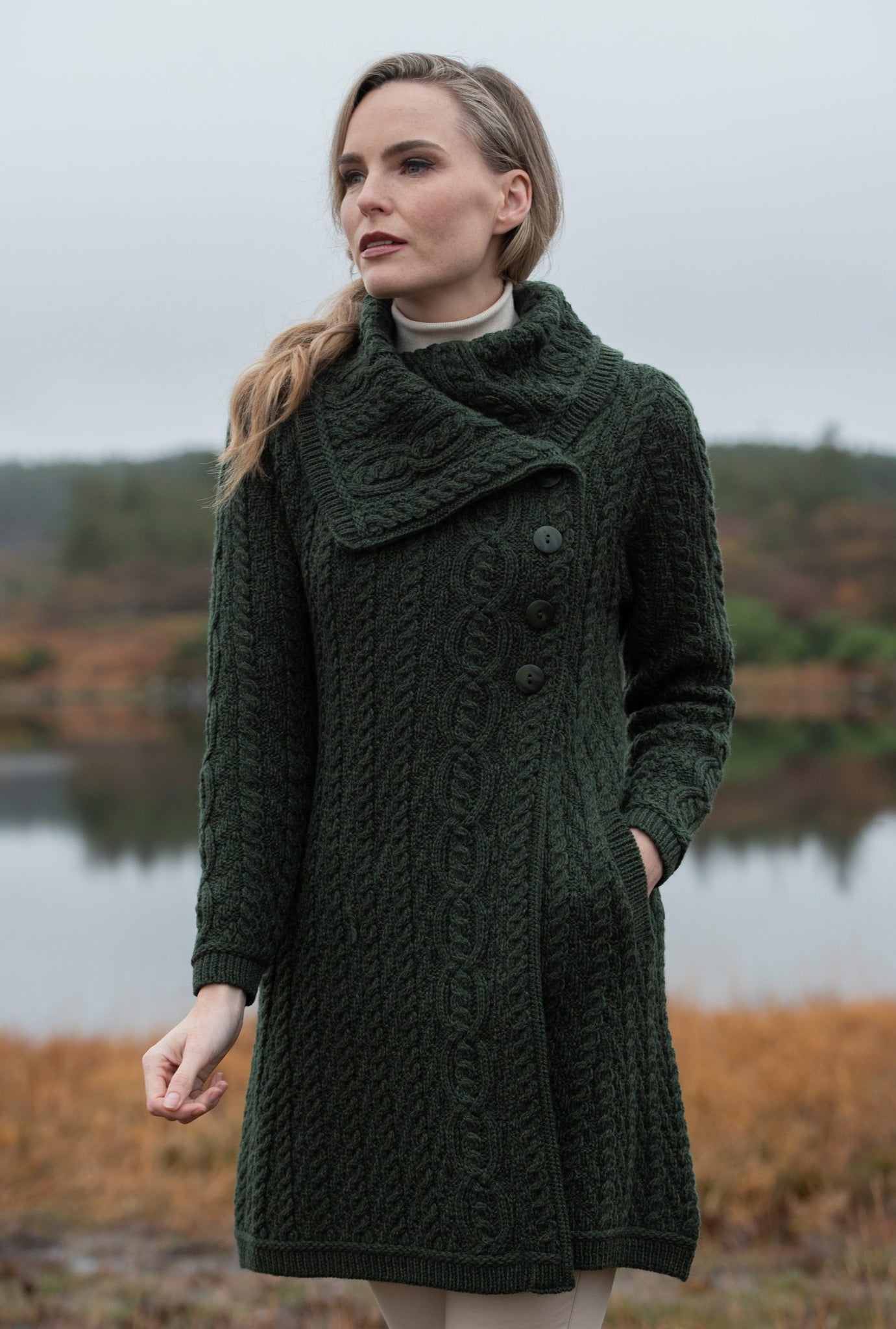 The Burren Chunky Collar Coat in Army Green Colour